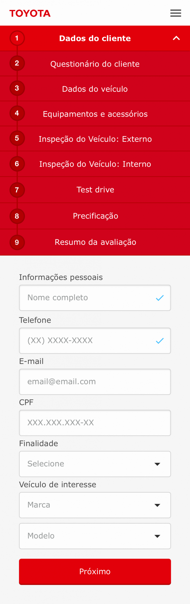 Aplicativo de avaliação veicular Toyota