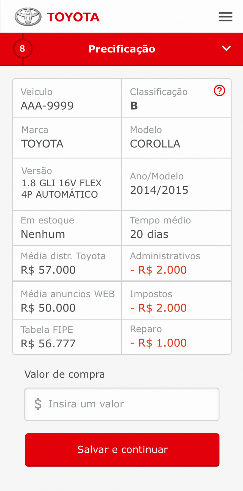 Aplicativo de avaliação veicular Toyota