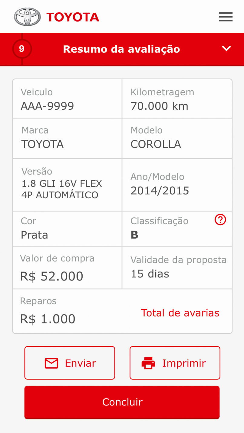 Aplicativo de avaliação veicular Toyota